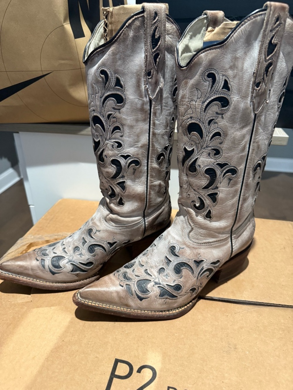 J.B. Dillon Taupe Lace-Up Western Boots with Black Inlay